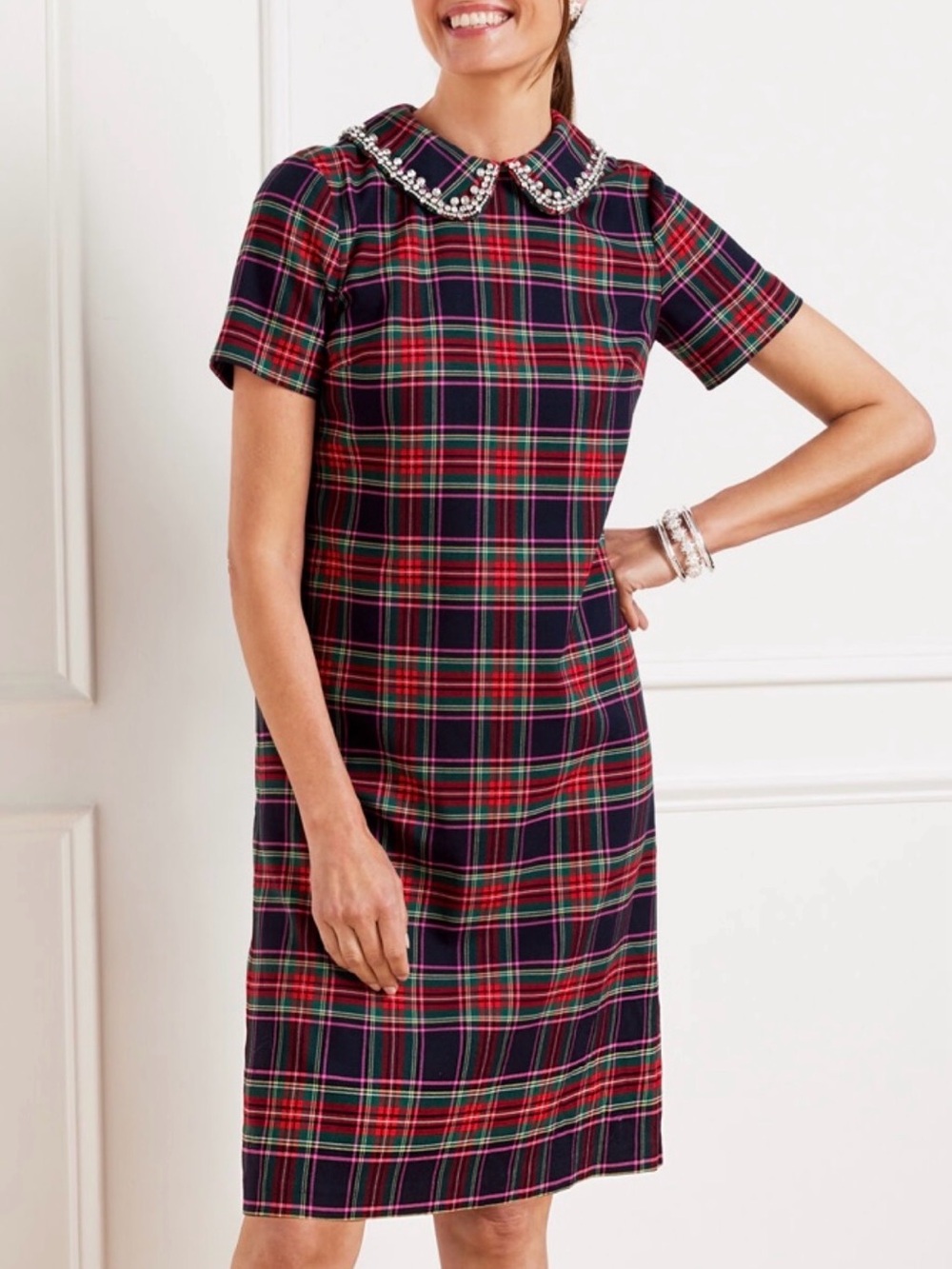 NWT Talbots Womens Plaid Shift Dress Size 12 Rhinestone Embellished Collar